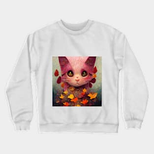 Cute happy pink cute Kitty On The Autumn leaves cat lovers gift Crewneck Sweatshirt